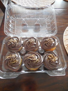 Yellow cupcakes with chocolate frosting